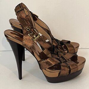 MICHAEL Michael Kors Metallic Gold Leather Platform Heels Sandals Women's 7M